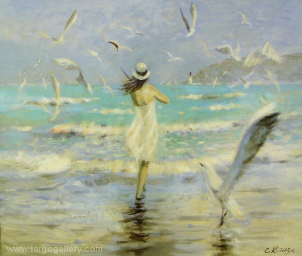 Картина женщина и море с чайками