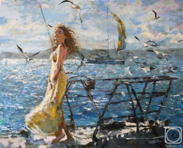 Живопись девушка у моря, Чайки