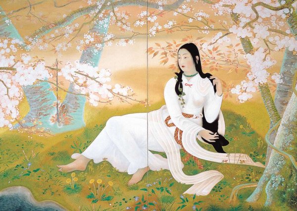 Женщина отрезает подол кимоно гравюра