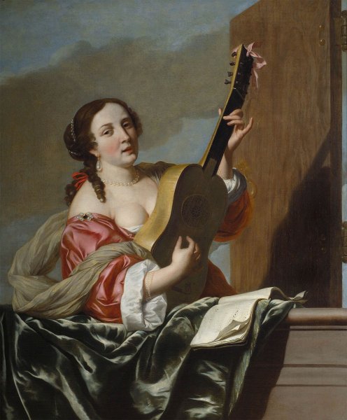 Johannes van Bronchorst a Lady playing a Guitar on a balcony