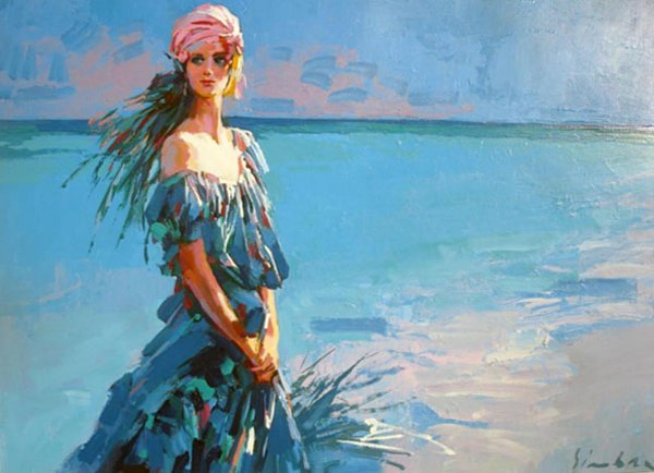 Силуэт женщины на берегу акрил