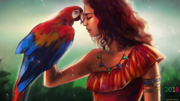 Девушка с попугаем на плече