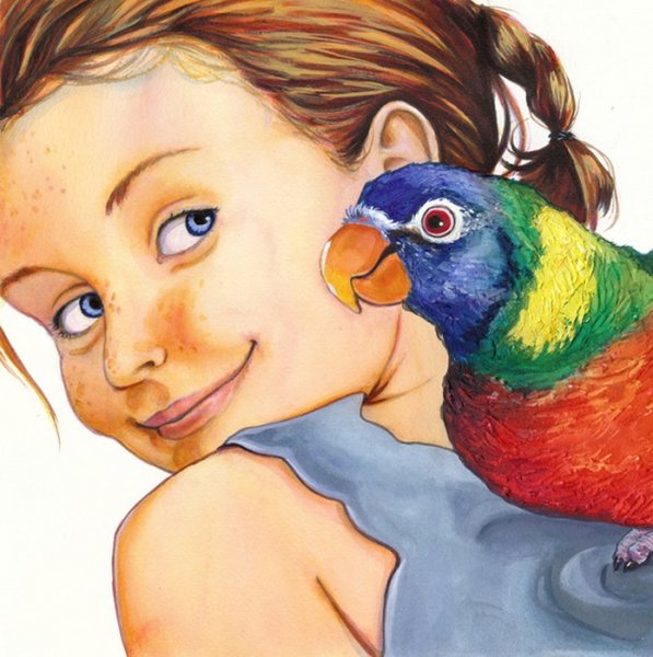 Девочка с попугаем на голове