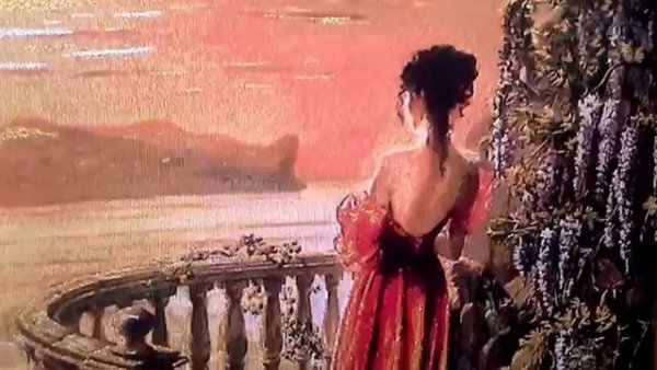 Картина женщина в Красном платье на балконе