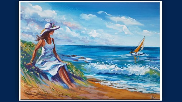 Рисунок гуашью девушка и море