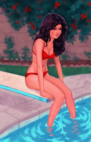 Девушка сидит у бассейна