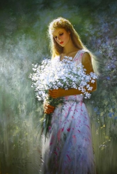 Девушка и цветы живопись