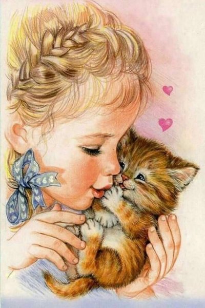 Девочка обнимает котенка