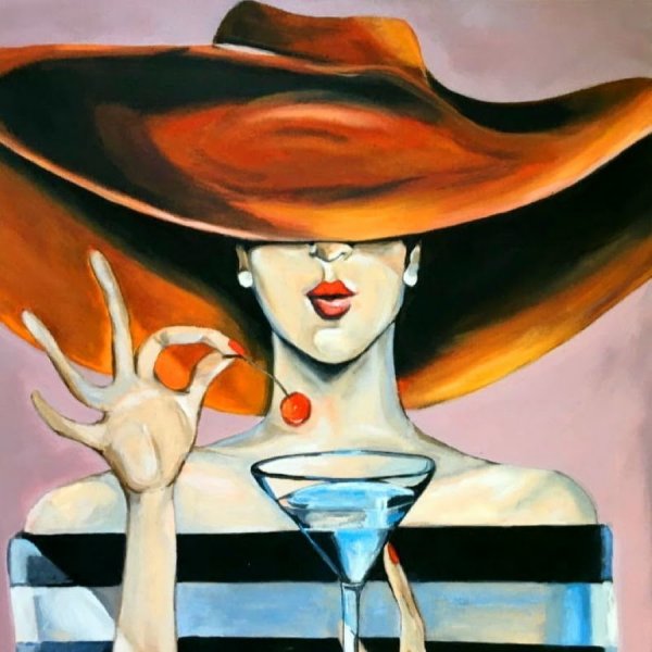 Девушка в шляпе с бокалом