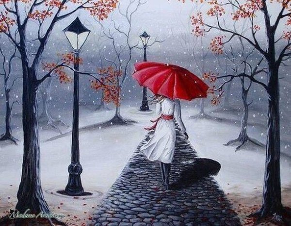 Красный зонт в живописи