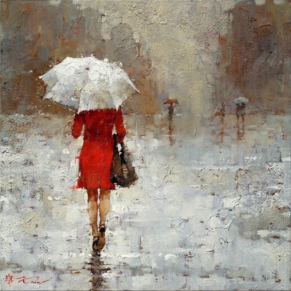 Красный зонт в живописи