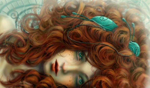 Кудрявая девушка арт с зелеными глазами