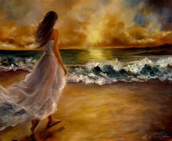 Девушки у моря гуашью