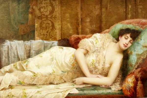 Картина девушка на кровати