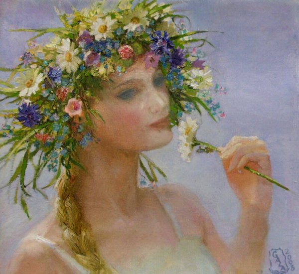 Девочка в веночке из цветов в живописи