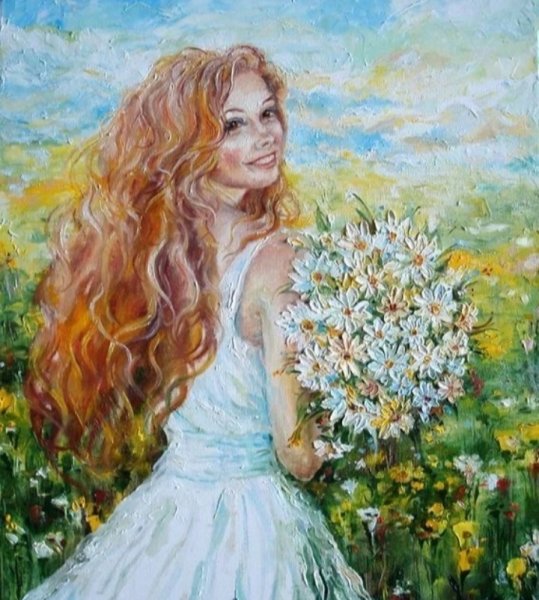 Девушка с букетом луговых цветов арт рисунок