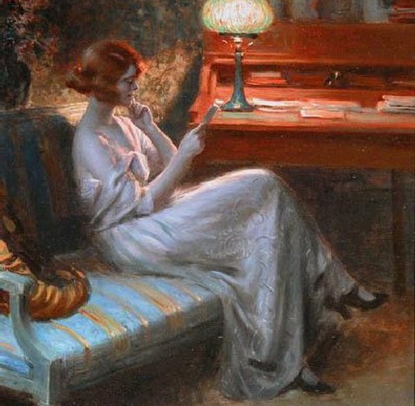 Картину девушка в кресле с книгой