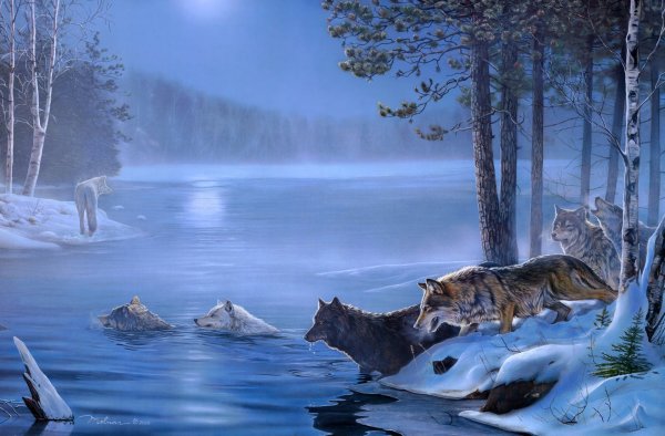 Зимний пейзаж с животными