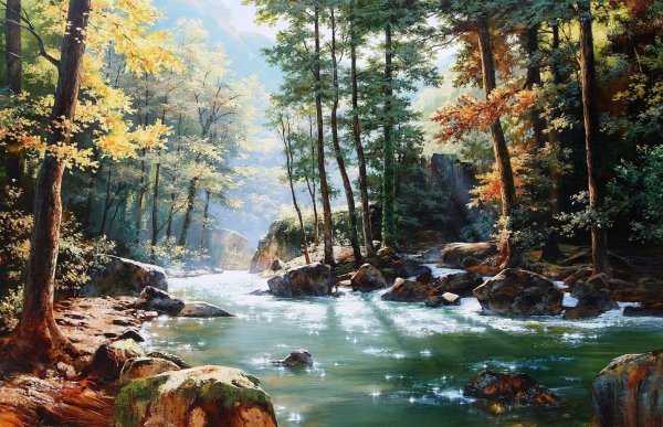 Горный лес водопад Виталия Потапова вышивка