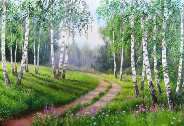 Алмазная вышивка Березовая роща мостик