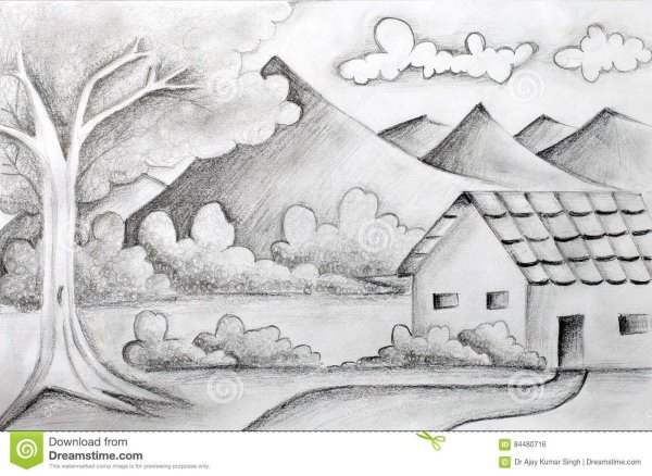 Графический пейзаж карандашом легко и красиво