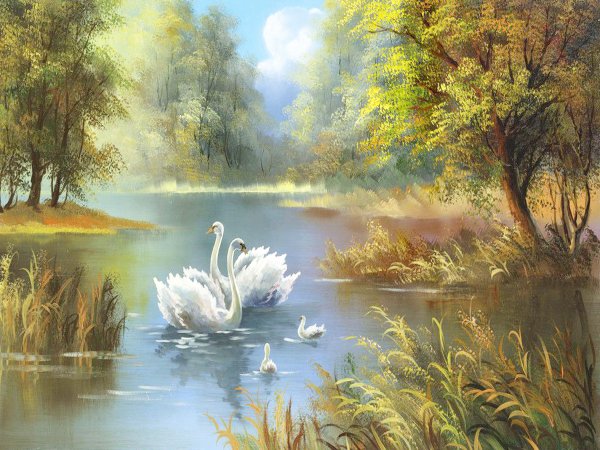 Пейзаж с лебедями живопись