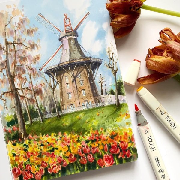 Пейзаж скетч маркерами