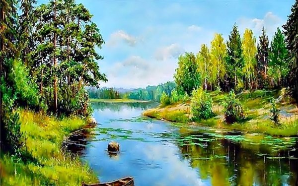 Картина река в лесу