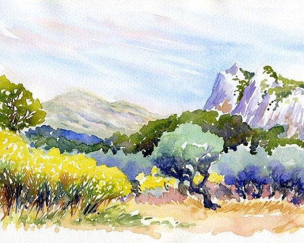 Горы акварель набросок