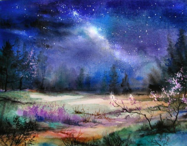 Звездное небо акварель
