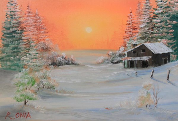 Зимний пейзаж красками