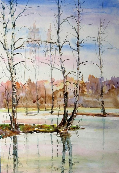 Весенний пейзаж акварелью