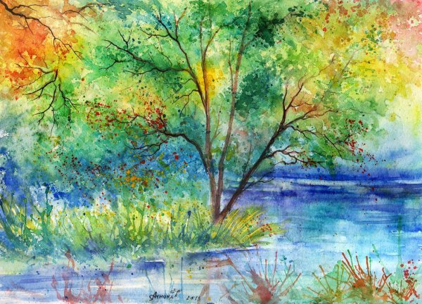 Весенний пейзаж акварелью