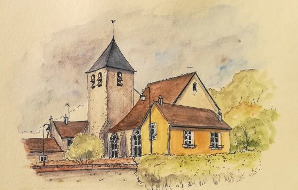 Сельский пейзаж цветными карандашами