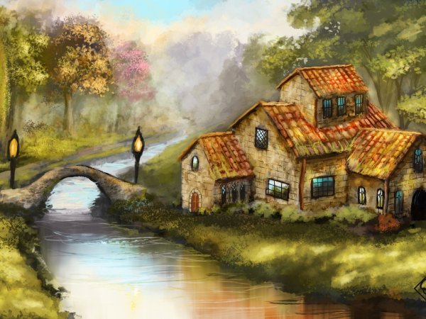 Пейзаж цветными карандашами