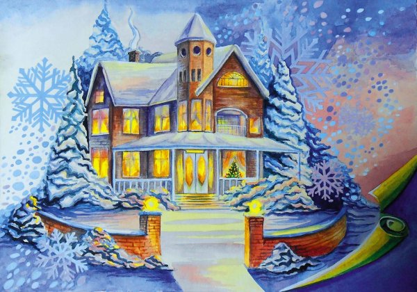 Зимний пейзаж акварельными карандашами