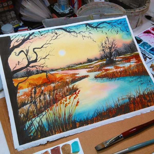 Пейзаж цветными карандашами