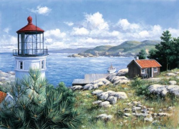 Художник Петерс море лодка Маяк