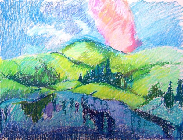 Пейзаж фломастерами и карандашами