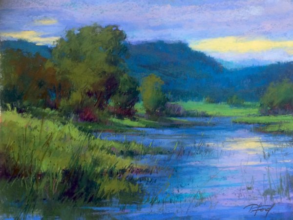 Речной пейзаж пастелью