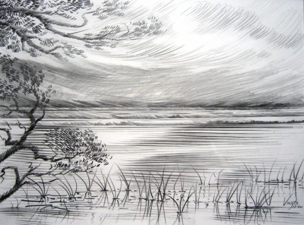 Многоплановый пейзаж карандашом