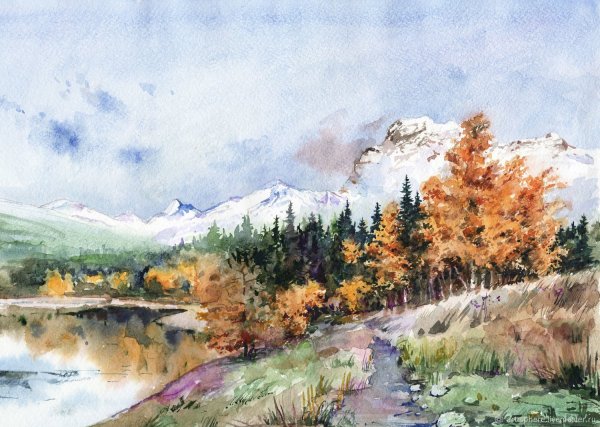 Пейзаж акварелью осень