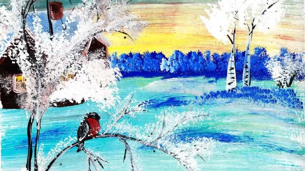 Зимний пейзаж акварелью для детей