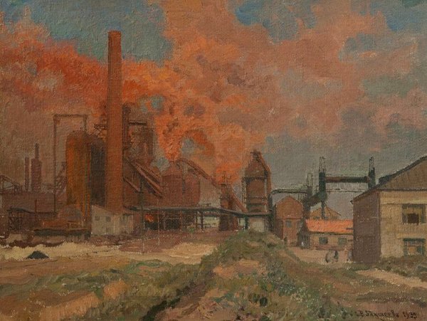 Индустриальный пейзаж акварелью