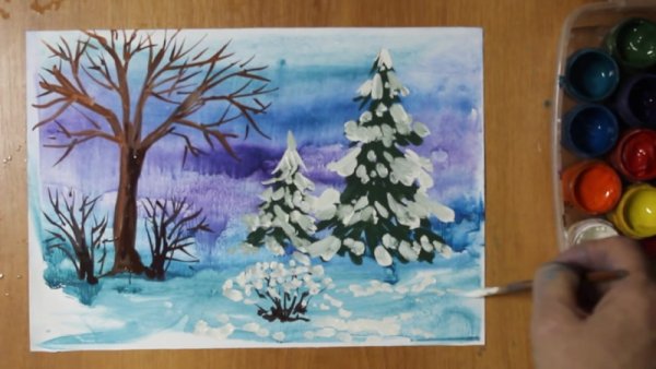 Рисование зимы красками