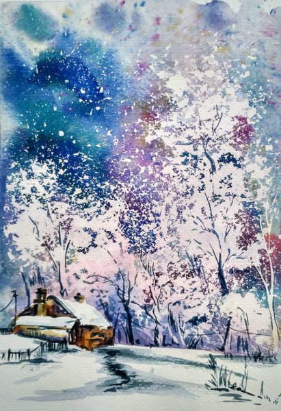Зима акварель