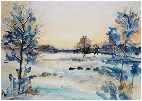 Акварель зима пейзаж