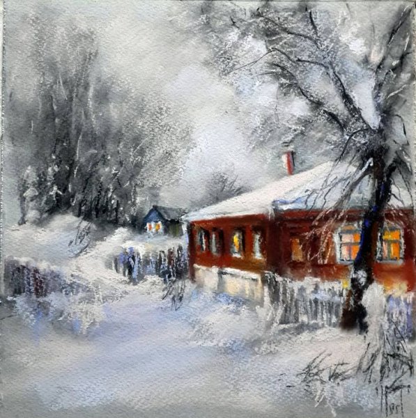 Зимний пейзаж пастелью сухой