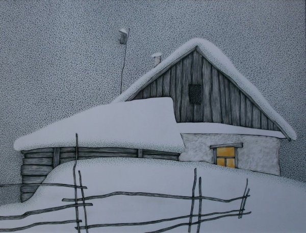 Заснеженные крыши домов в живописи