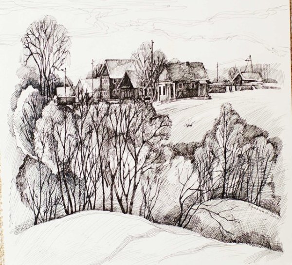 Деревенский пейзаж в графике